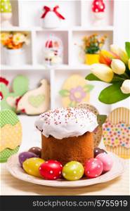 Easter cake with eggs on the table. Easter decorations. Easter cake