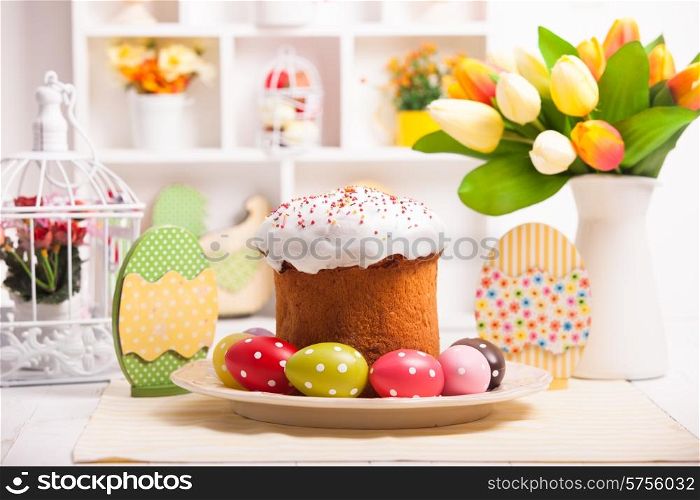 Easter cake with eggs on the table. Easter decorations. Easter cake
