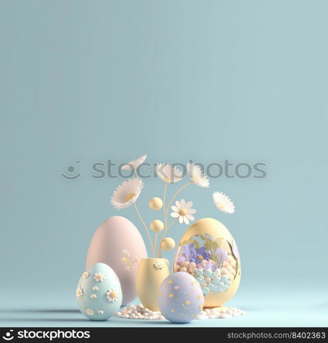 Easter Card Background with 3D Easter Eggs and Floral