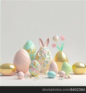 Easter Card Background with 3D Easter Eggs and Floral Decoration