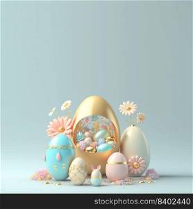 Easter Card Background with 3D Easter Eggs and Flower Decoration