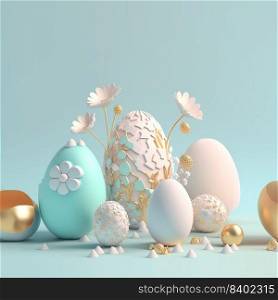 Easter Card Background with 3D Render Easter Eggs and Floral