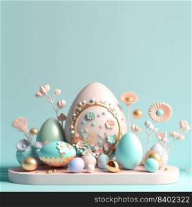 Easter Card Background with 3D Render Easter Eggs and Floral Ornament