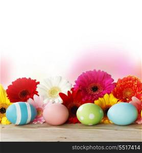 Easter card with eggs and flowers, white copy space