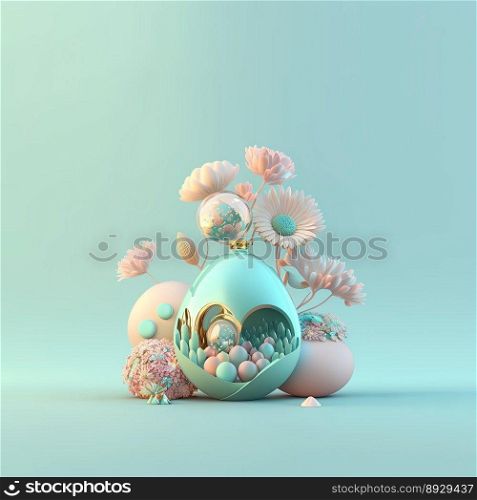 Easter Celebration Background with Glosy 3D Eggs and Flower Ornaments