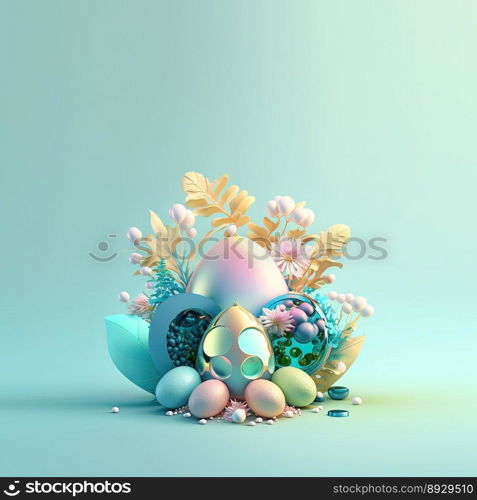 Easter Celebration Background with Glosy 3D Eggs and Flowers
