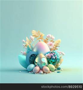 Easter Celebration Background with Glosy 3D Eggs and Flowers