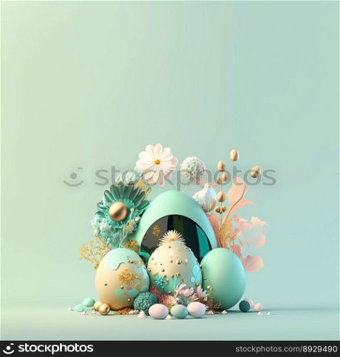 Easter Celebration Background with Shiny 3D Eggs and Flowers