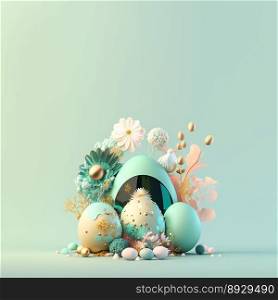 Easter Celebration Background with Shiny 3D Eggs and Flowers