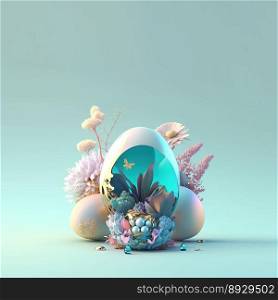 Easter Celebration Greeting Card with Copy Space In Glosy 3D Eggs and Flower Ornaments
