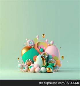 Easter Celebration Greeting Card with Copy Space In Shiny 3D Eggs and Flower Ornaments