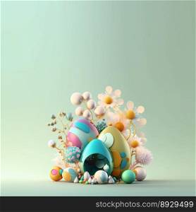 Easter Celebration Greeting Card with Shiny 3D Eggs and Flowers