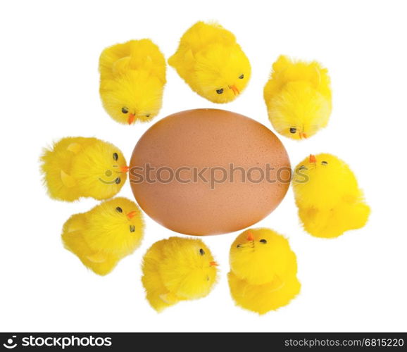 Easter chicks surrounding a large egg, isolated