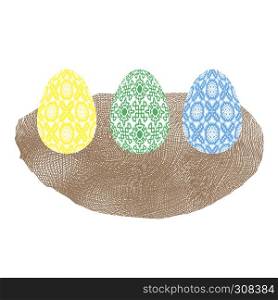 Easter Colored Eggs and Nest Icon Isolated on White Background. Easter Colored Eggs and Nest Icon