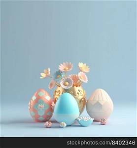 Easter Colourful Background with 3D Easter Eggs and Floral for Promotion