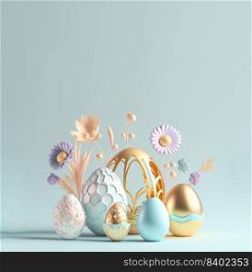 Easter Colourful Background with 3D Easter Eggs and Floral for Promotion