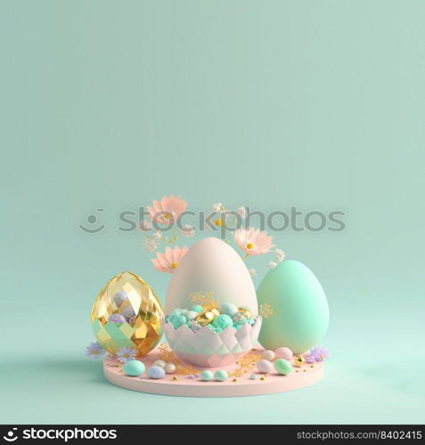 Easter Colourful Background with 3D Easter Eggs and Flower