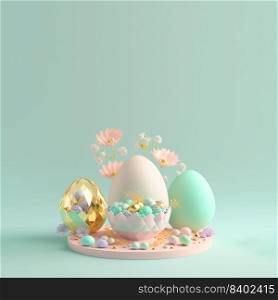 Easter Colourful Background with 3D Easter Eggs and Flower