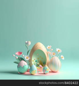 Easter Colourful Background with 3D Easter Eggs and Flower