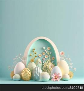Easter Colourful Background with 3D Render Easter Eggs and Floral Ornament