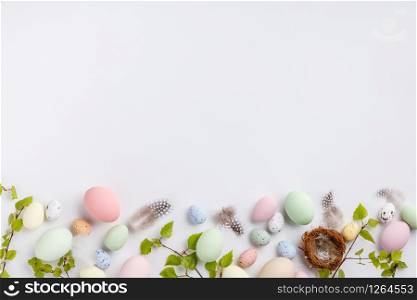 Easter composition on white backgrount, flat lay, top view