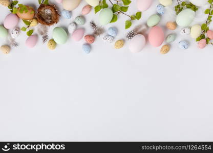 Easter composition on white backgrount, flat lay, top view