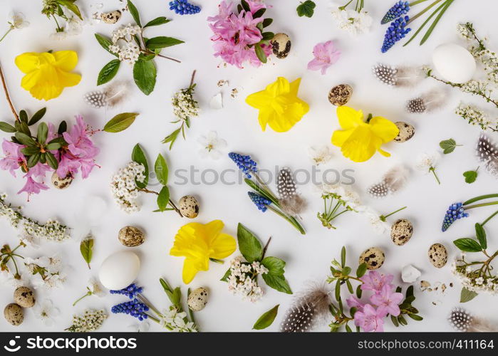 Easter composition on white backgrount, flat lay, top view. Easter composition on white backgrount, top view