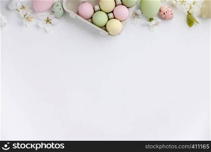 Easter composition on white backgrount, flat lay, top view. Easter composition on white backgrount, top view