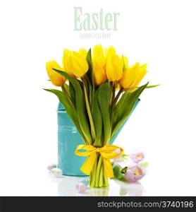 Easter composition with Beautiful tulips over white