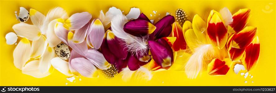 Easter composition with colorful tulip petald, feather and egg shells, flat lay