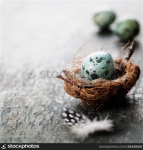 Easter composition with eggs and nest on rustic wooden background