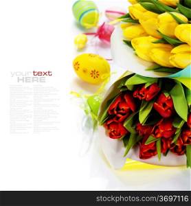 easter composition with fresh tulips and easter eggs over white (with easy removable text)