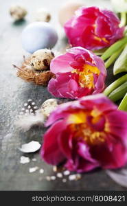 Easter composition with tulips, colorful eggs and nest