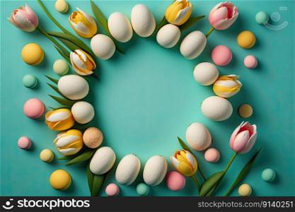 Easter concept. Top view photo of white circle colorful. Illustration Generative AI 
