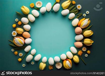 Easter concept. Top view photo of white circle colorful. Illustration Generative AI 