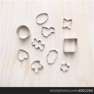 easter cookie cutter composing on white wooden,background, top view