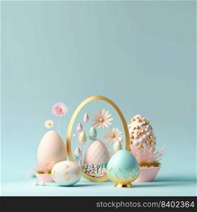 Easter Day Background with 3D Easter Eggs and Floral