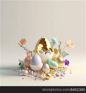 Easter Day Background with 3D Easter Eggs and Floral Decoration