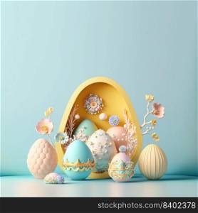Easter Day Background with 3D Easter Eggs and Floral Ornament