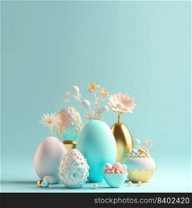 Easter Day Background with 3D Easter Eggs and Flower
