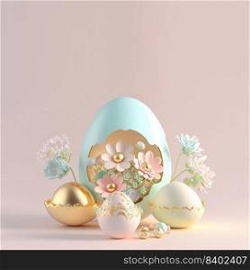Easter Day Background with 3D Easter Eggs and Flower for Promotion