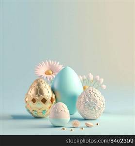 Easter Day Background with 3D Render Easter Eggs and Floral