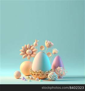 Easter Day Background with 3D Render Easter Eggs and Floral Ornament