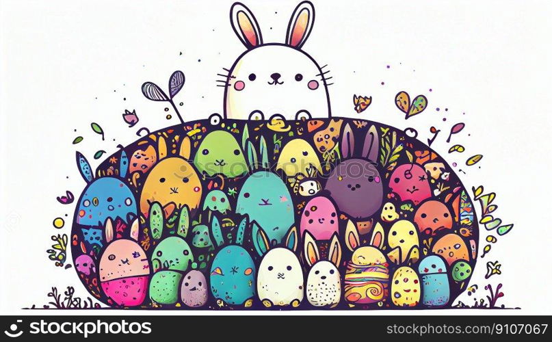 Easter Day Concept. Watercolor easter bunny in the eggs, elements illustrations, cartoon holiday painted background, AI Generative