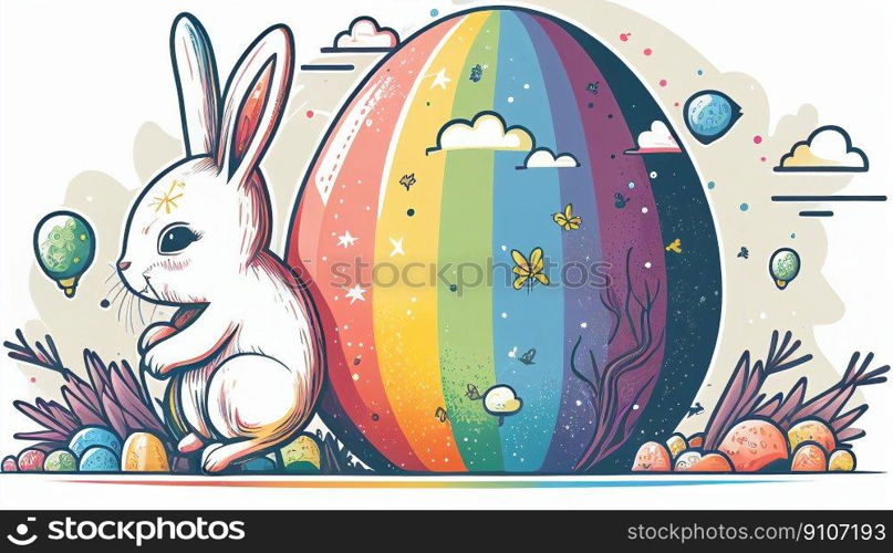 Easter Day Concept. Watercolor easter bunny in the eggs, elements illustrations, cartoon holiday painted background, AI Generative