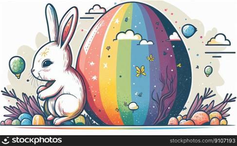 Easter Day Concept. Watercolor easter bunny in the eggs, elements illustrations, cartoon holiday painted background, AI Generative