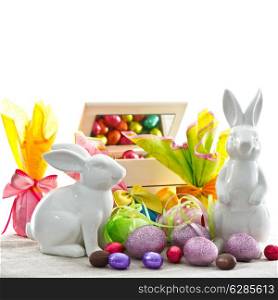 easter decoration. colorful eggs and bunnies