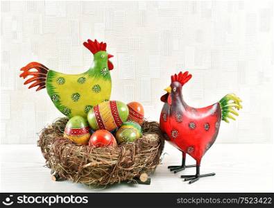 Easter decoration colorful eggs and chicken. Happy Easter