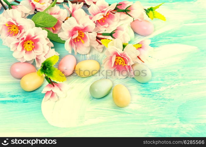 Easter decoration with flowers and eggs. Springtime. Retro style toned picture