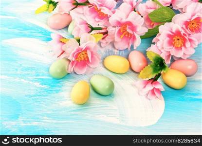 Easter decoration with flowers and eggs. Springtime. Retro style toned picture